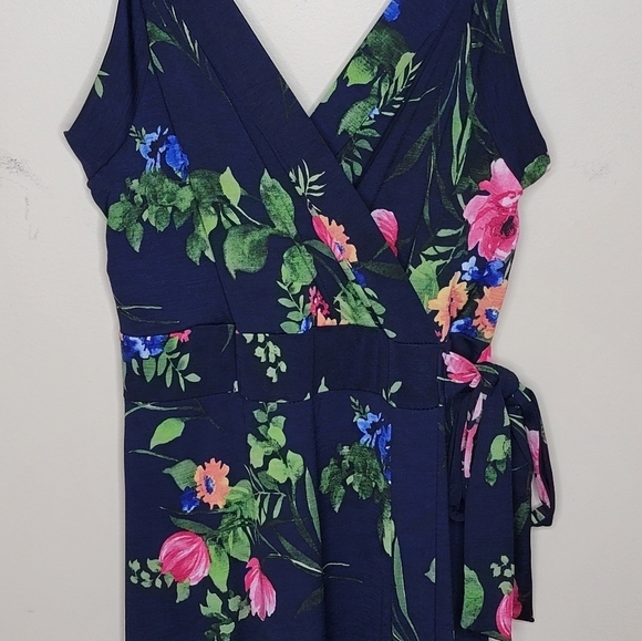 Le Lis | Navy Green Pink Floral Sleeveless Faux Wrap Maxi Dress Size Large - Picture 3 of 7